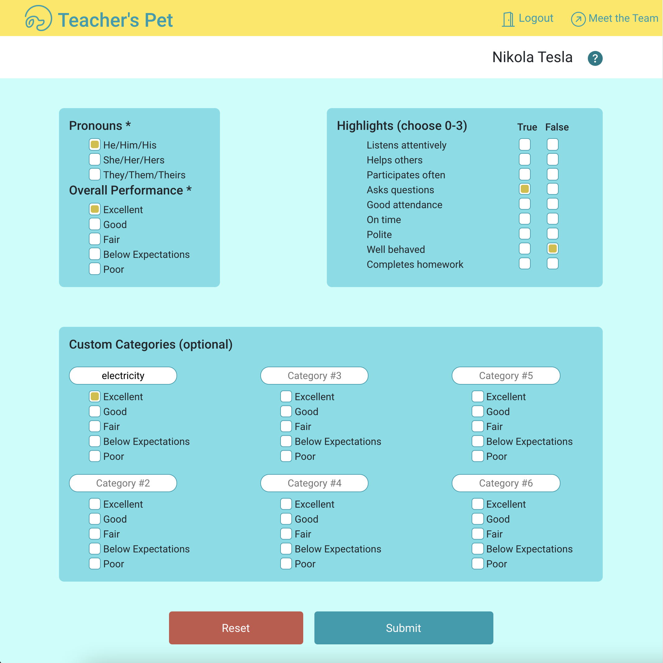 An image from Teacher's Pet containing a form users utilize to customize reports.